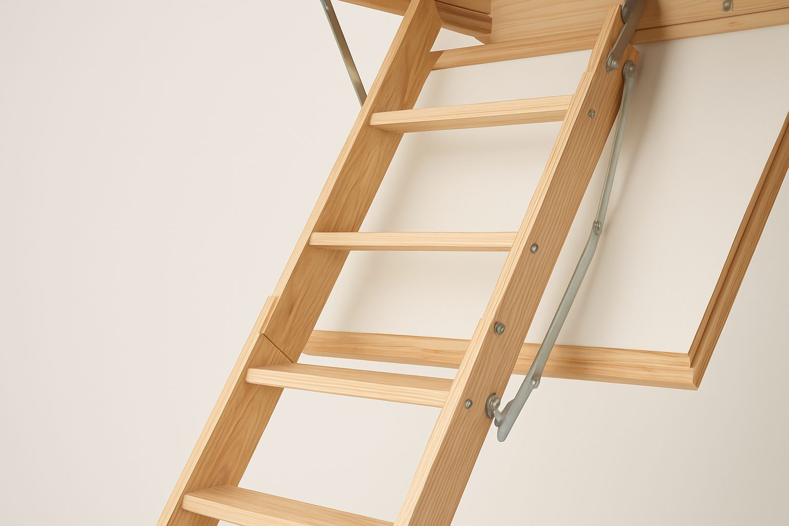 Close-up of a wooden loft ladder with visible rungs and foldable mechanism against a neutral background